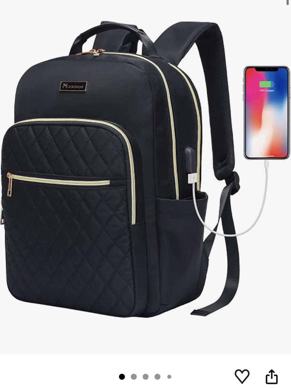 Black Quilted Anti-Theft Laptop Backpack with USB Charging Port